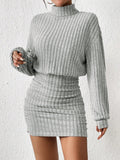 SHEIN Women's French Turtleneck Drop Shoulder Ruched Bodycon Dress in Textured Fabric for Winter Casual Wear