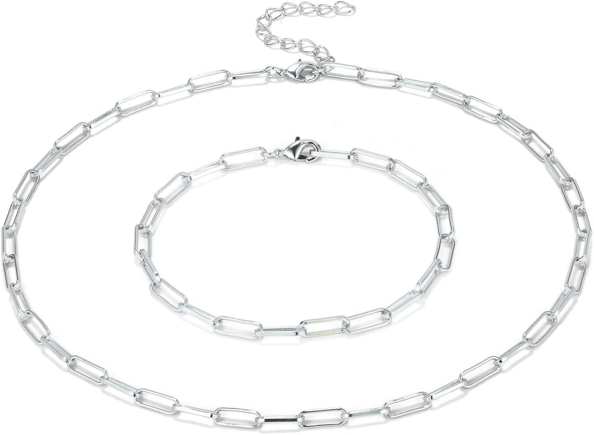 Silver 925 and 14K Gold Paperclip Chain Layered Necklace and Bracelet Set for Women