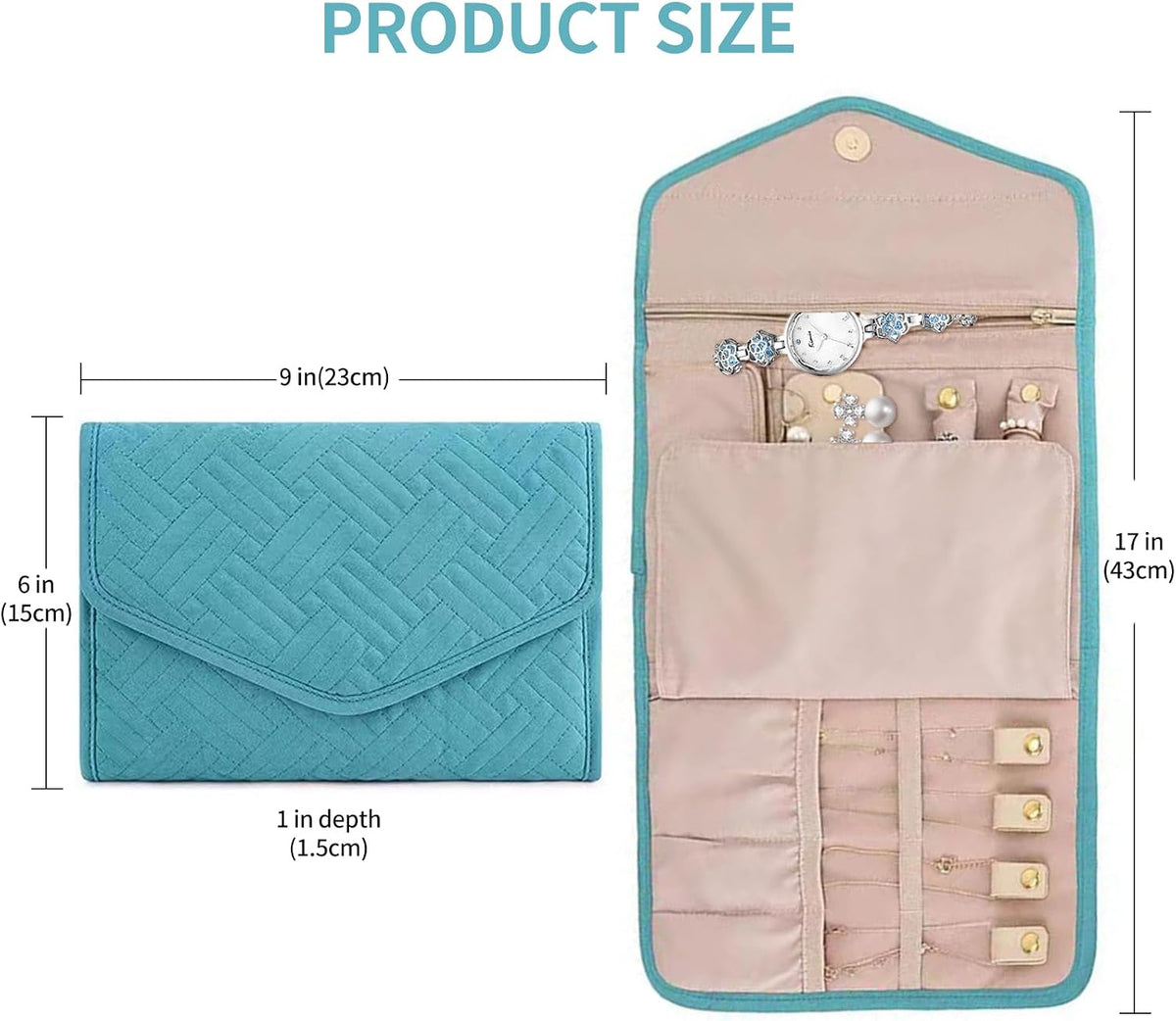 Travel Jewellery Organiser Roll, Foldable Jewelry Storage Roll Bag Case for Journey-Rings, Necklaces, Earrings, Bracelets, Large Capacity, Portable and Practical Blue