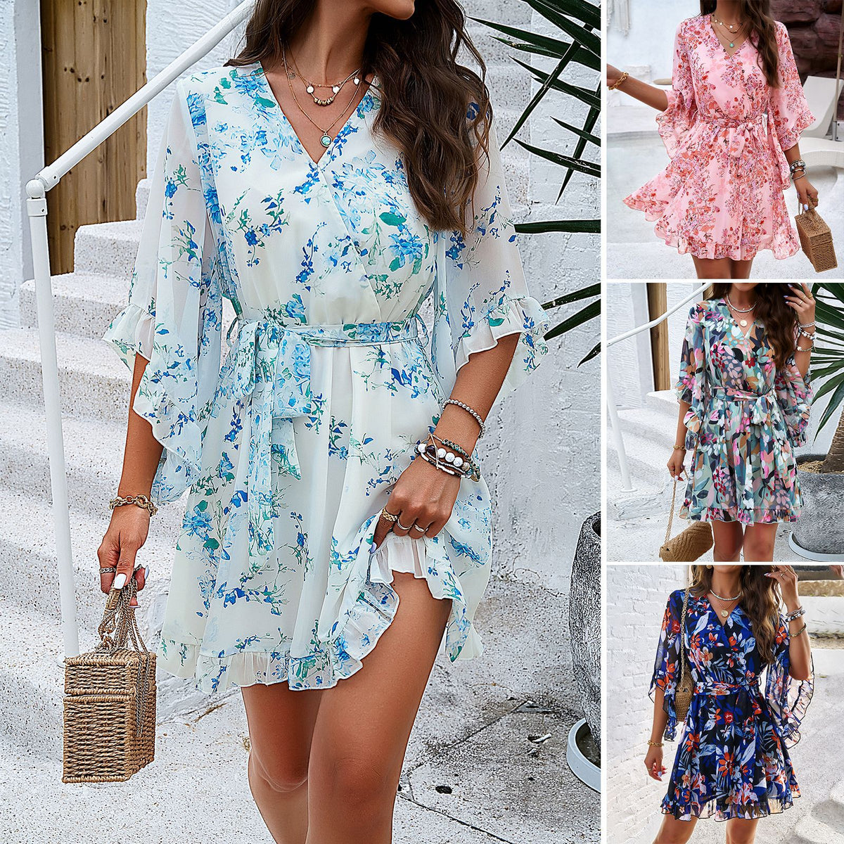 Floral Print Short Sleeve Dress with Lace-Up Ruffle Design and V-Neck for Women