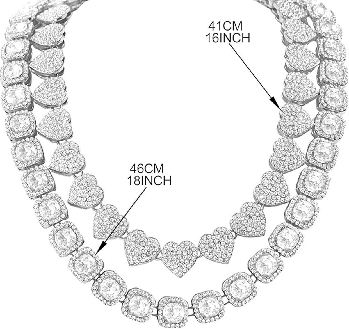 Clustered Diamond Heart Necklace Set - Elegant Diamond Jewelry for Women, Silver Hip Hop Choker and Bling Necklaces, Cuban Link Design