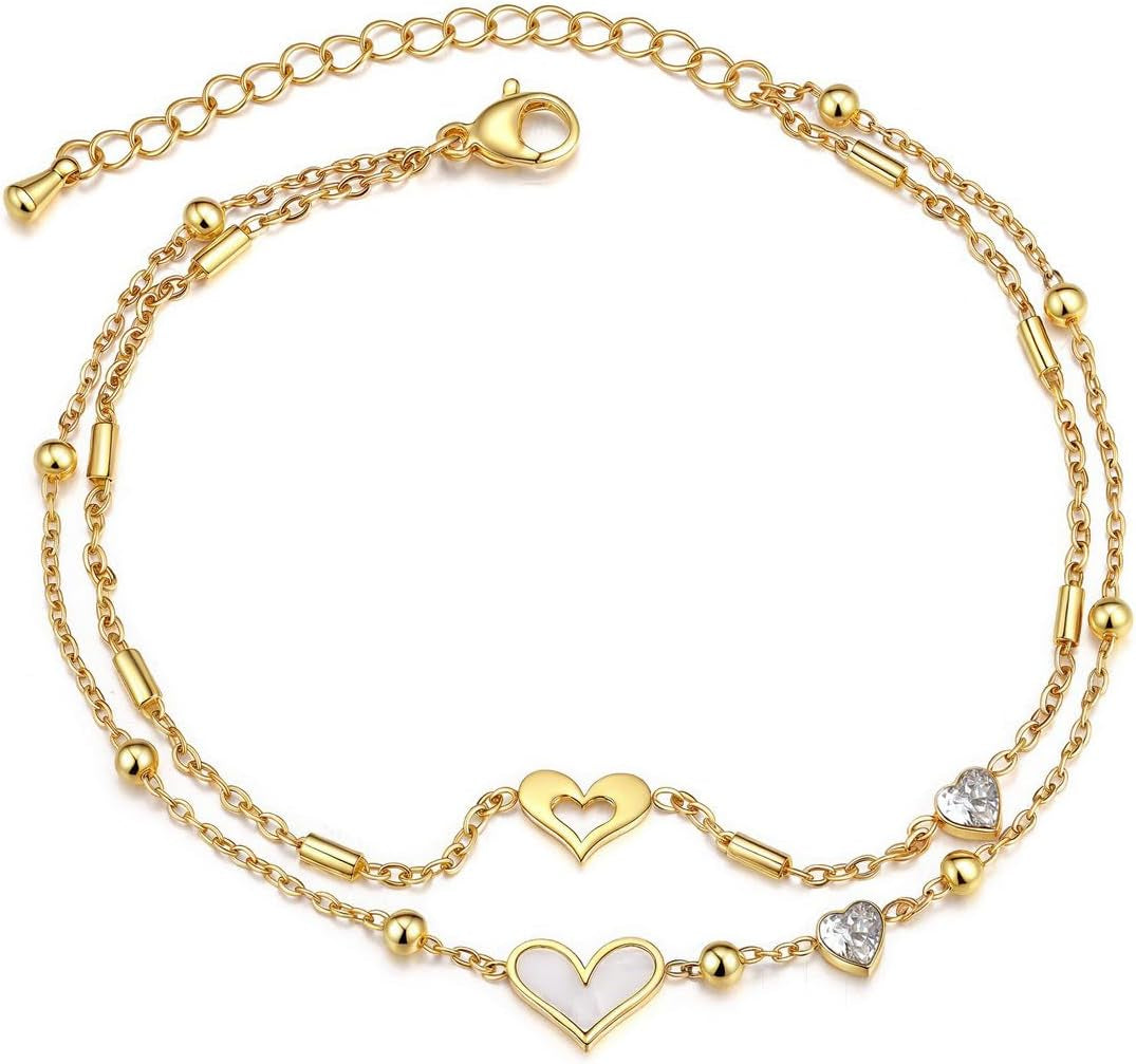 Adjustable Gold Anklets for Women - Layered Stainless Steel Foot Chain with Heart/Tree of Life Design, Waterproof Summer Beach Jewelry Gifts for Women and Girls
