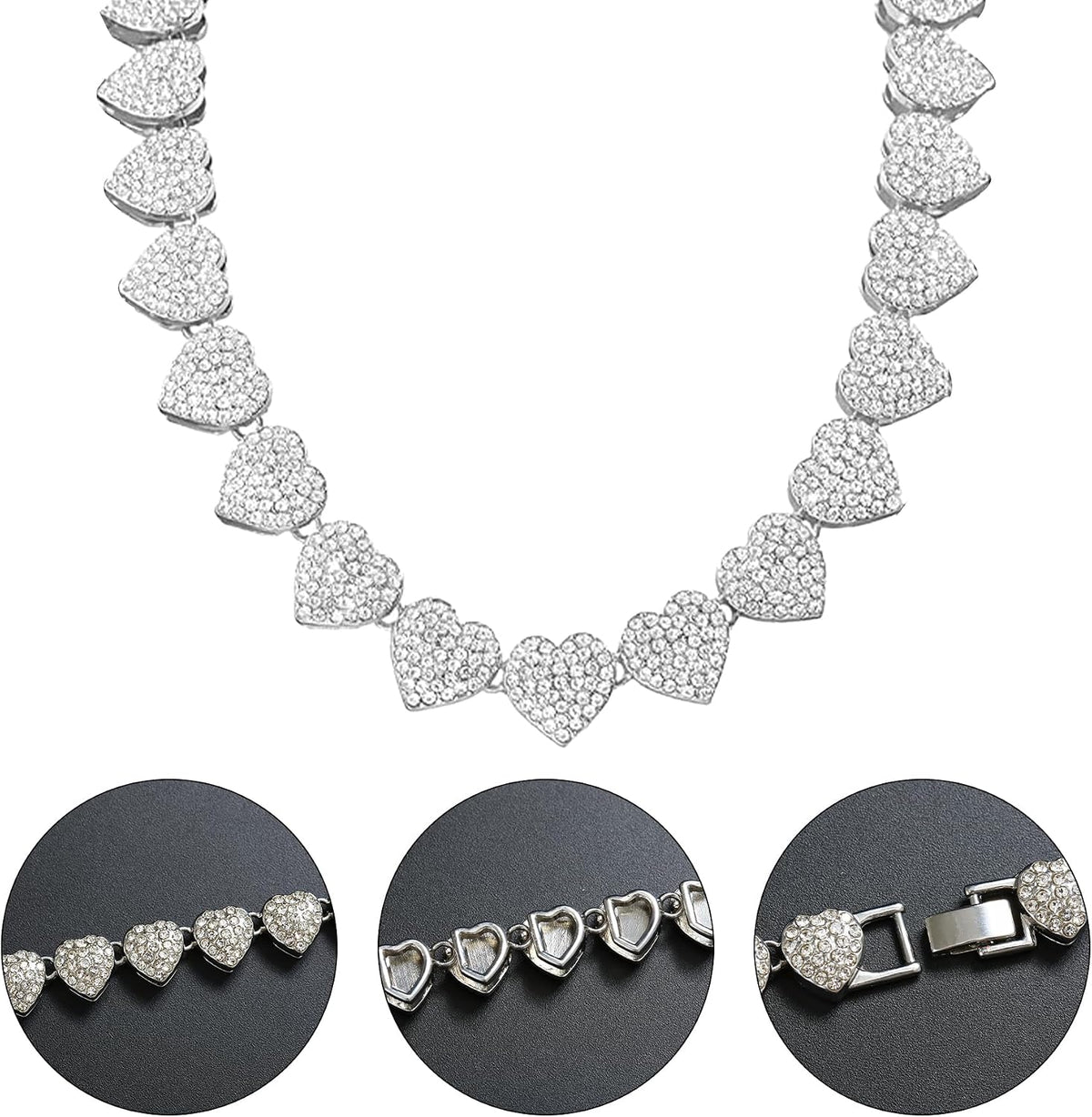 Clustered Diamond Heart Necklace Set - Elegant Diamond Jewelry for Women, Silver Hip Hop Choker and Bling Necklaces, Cuban Link Design