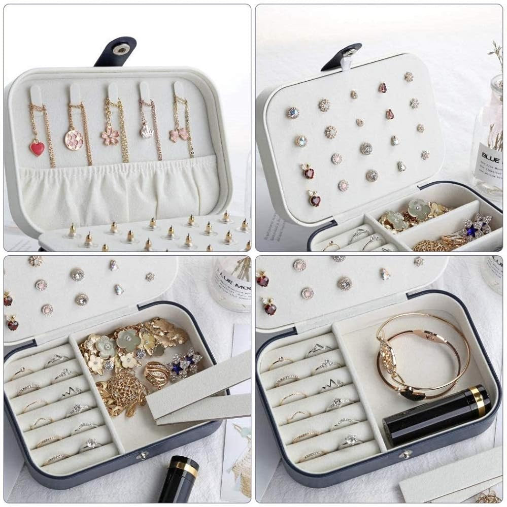 Jewellery Box Organiser Small Travel Jewellery Organiser Storage Double Layer Jewelry Case for Rings Earrings Necklace Bracelets, Premium PU Leather Jewelry Gift Boxes Girls Women, Dark Blue