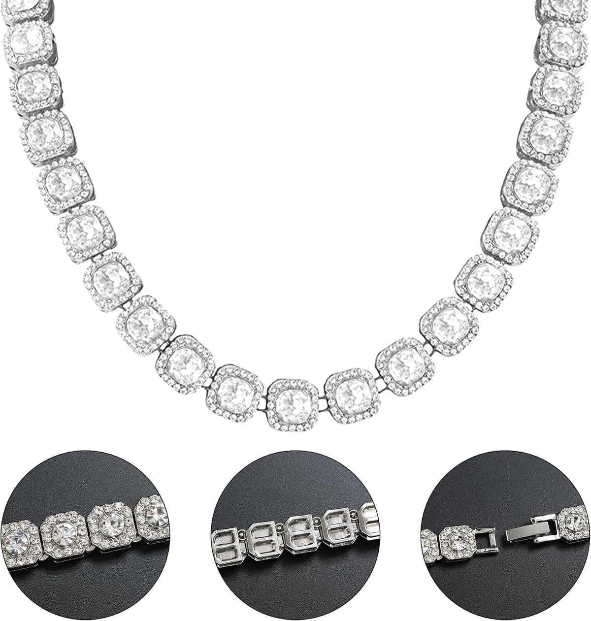 Clustered Diamond Heart Necklace Set - Elegant Diamond Jewelry for Women, Silver Hip Hop Choker and Bling Necklaces, Cuban Link Design