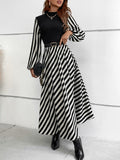 SHEIN Striped Mock Neck Lantern Sleeve Dress without Belt Maxi Women Outfit Fall Cloth for Women
