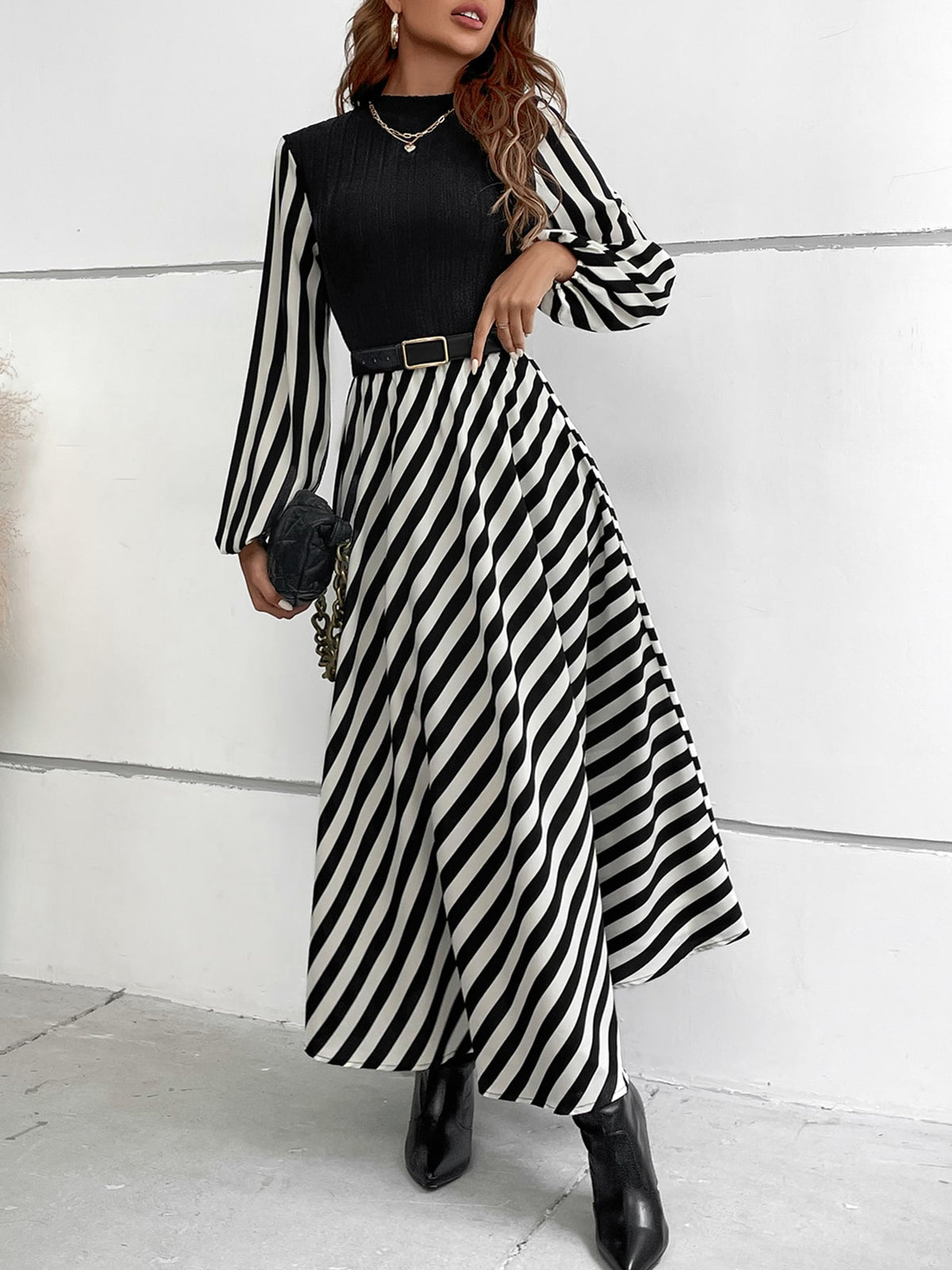SHEIN Striped Mock Neck Lantern Sleeve Dress without Belt Maxi Women Outfit Fall Cloth for Women