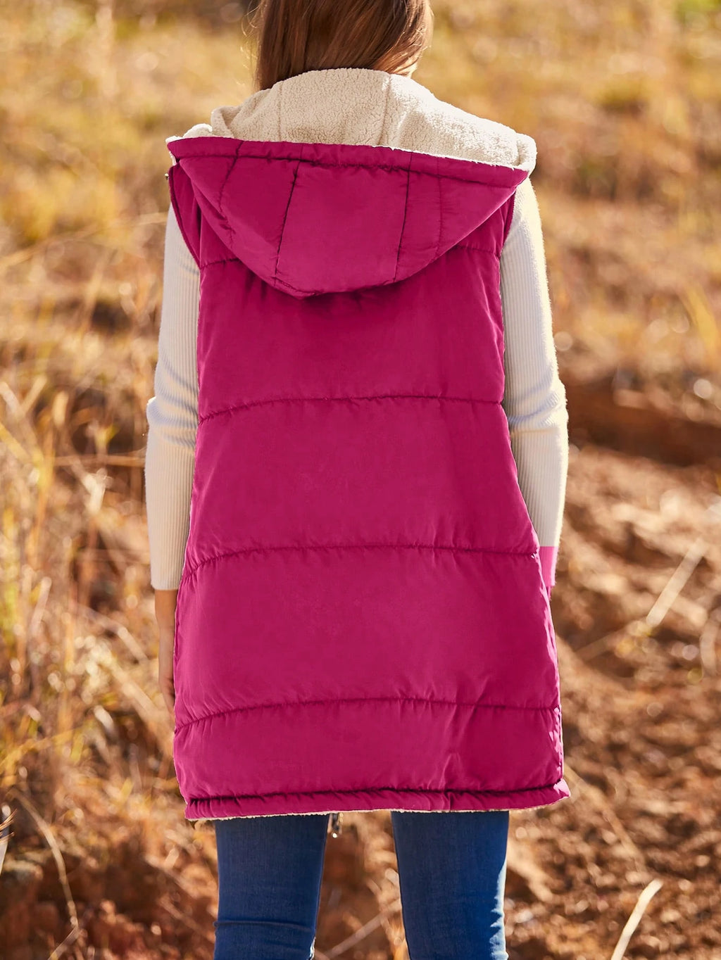 Women'S Fall Reversible Vest Sleeveless Wool Jacket Zipper Hoodie Pocket Long Warm Winter Coat Coat