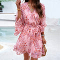 Floral Print Short Sleeve Dress with Lace-Up Ruffle Design and V-Neck for Women