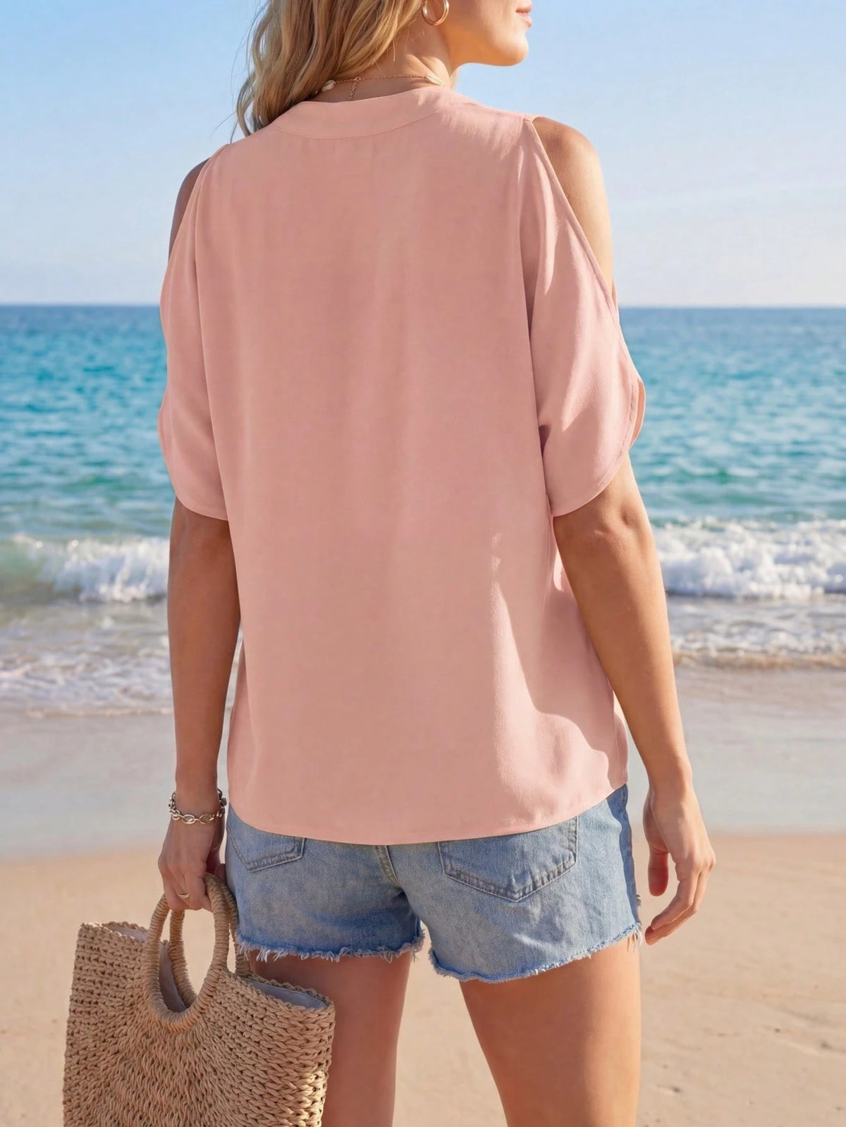Sylviya Solid Cold Shoulder Split Sleeve Popover Blouse - Casual Short Sleeve Top