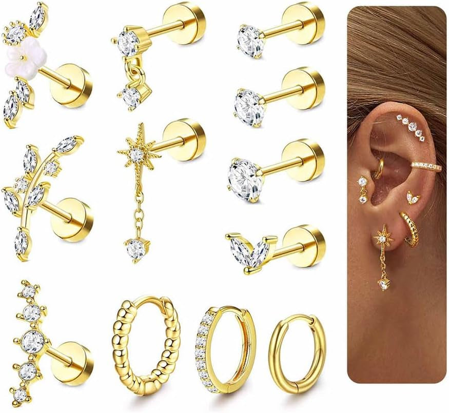 12Pcs Helix Piercing Jewellery Surgical Steel Tragus Earrings Set