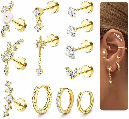 12Pcs Helix Piercing Jewellery Surgical Steel Tragus Earrings Set