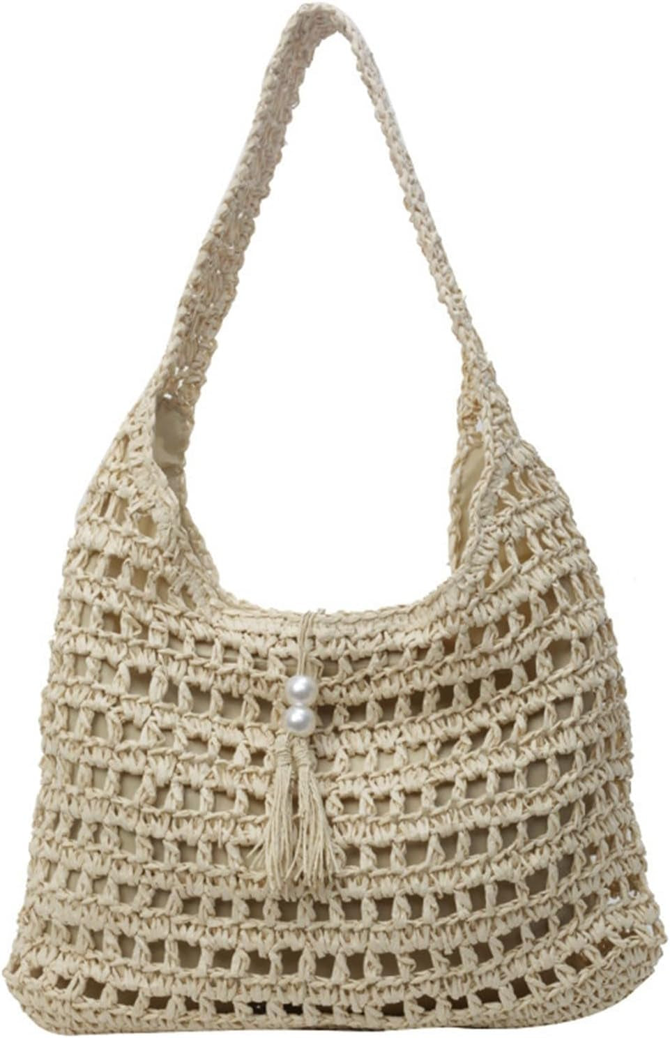 Handmade Woven Straw Hobo Bag for Women - Bohemian Shoulder Tote for Summer Travel, Beige