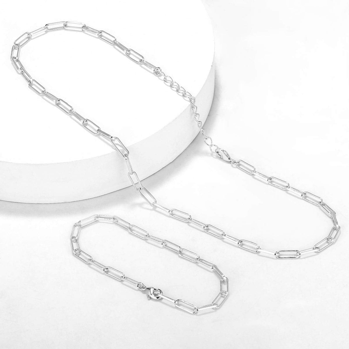 Silver 925 and 14K Gold Paperclip Chain Layered Necklace and Bracelet Set for Women