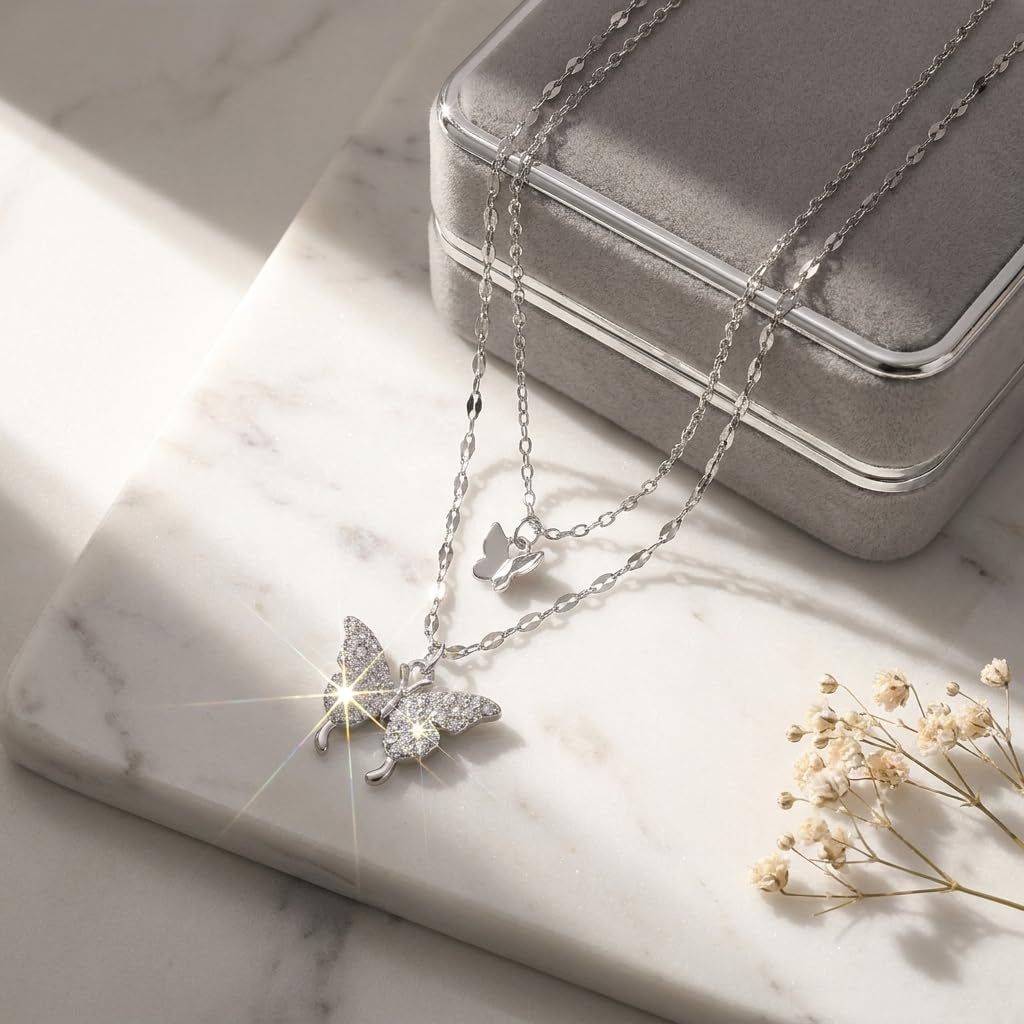 925 Sterling Silver Double Layer Butterfly Necklace with CZ Accents - Elegant Clavicle Chain Jewelry for Women