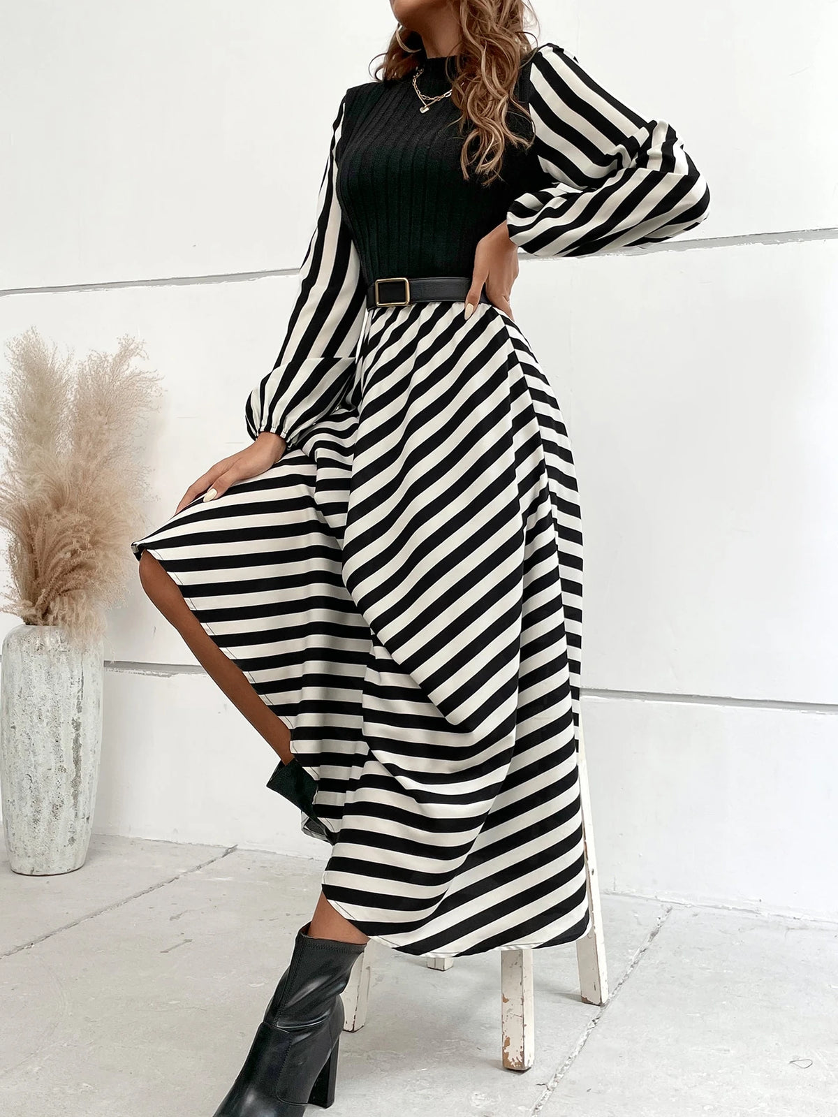 SHEIN Striped Mock Neck Lantern Sleeve Dress without Belt Maxi Women Outfit Fall Cloth for Women