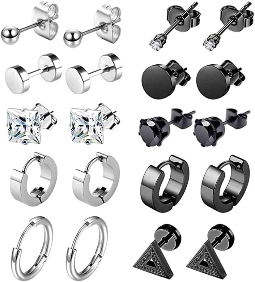 10 Pairs Stainless Steel Stud Earrings, Silver Cubic Zirconia Stud Earrings Hypoallergenic Unisex Jewellery Set for Women Men Girls