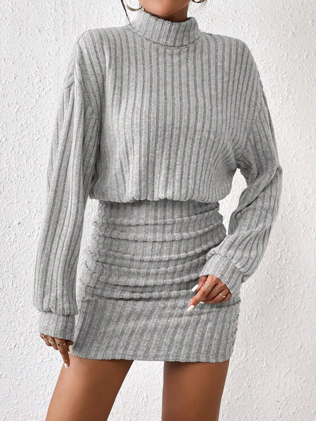 SHEIN Women's French Turtleneck Drop Shoulder Ruched Bodycon Dress in Textured Fabric for Winter Casual Wear