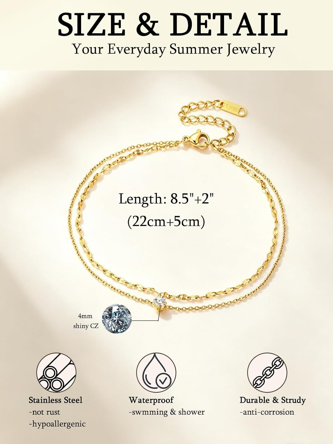 Gold Waterproof Ankle Bracelets for Women, Tree of Life CZ Heart Anklet, Layered Beach Jewelry for Summer